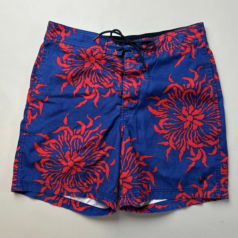 Nautica Mens Swim Trunks Blue Red Floral Tropical Polyester Board Shorts Medium